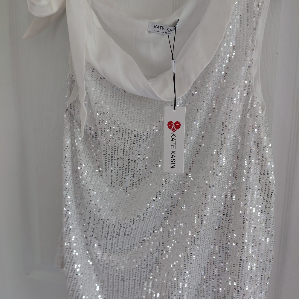 Kate Kasin White Blouse Silver Sequins